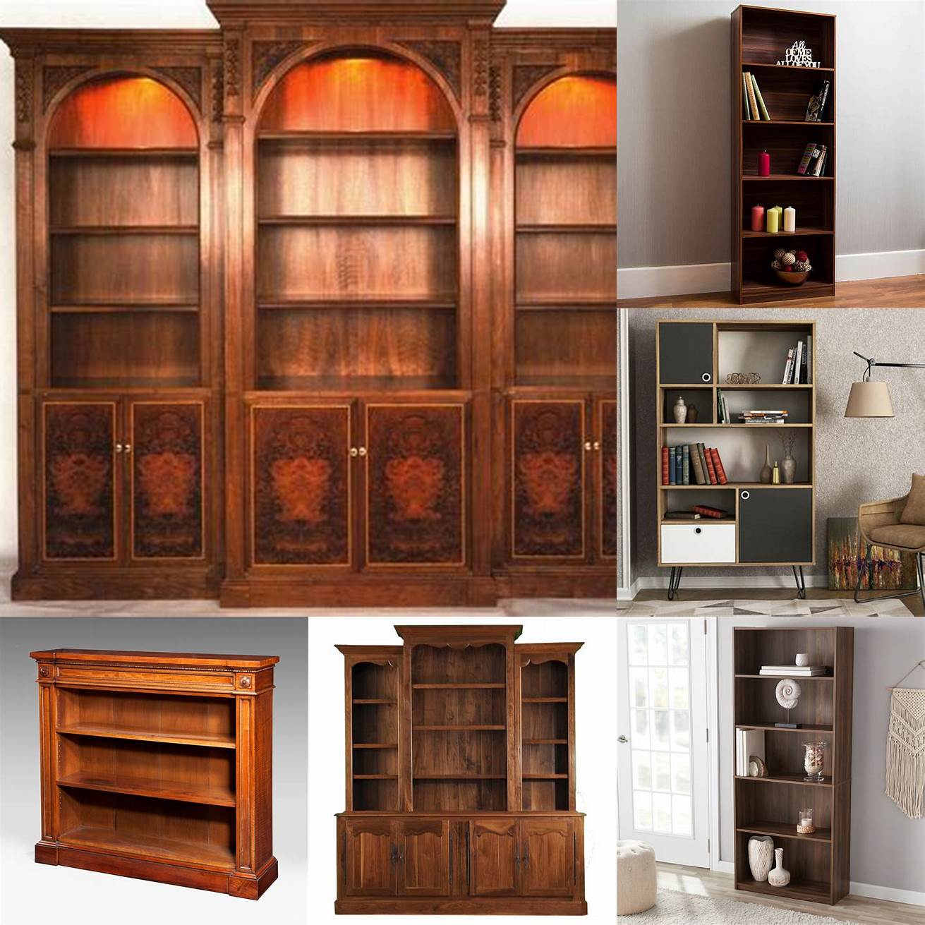 Image of a high-end walnut bookshelf with intricate details