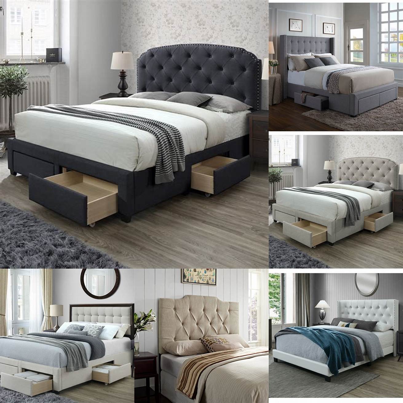 Image of a king size storage bed with a tufted headboard