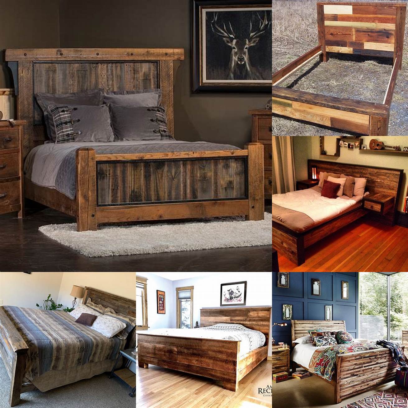 Image of a reclaimed wood bed frame with a colorful quilt