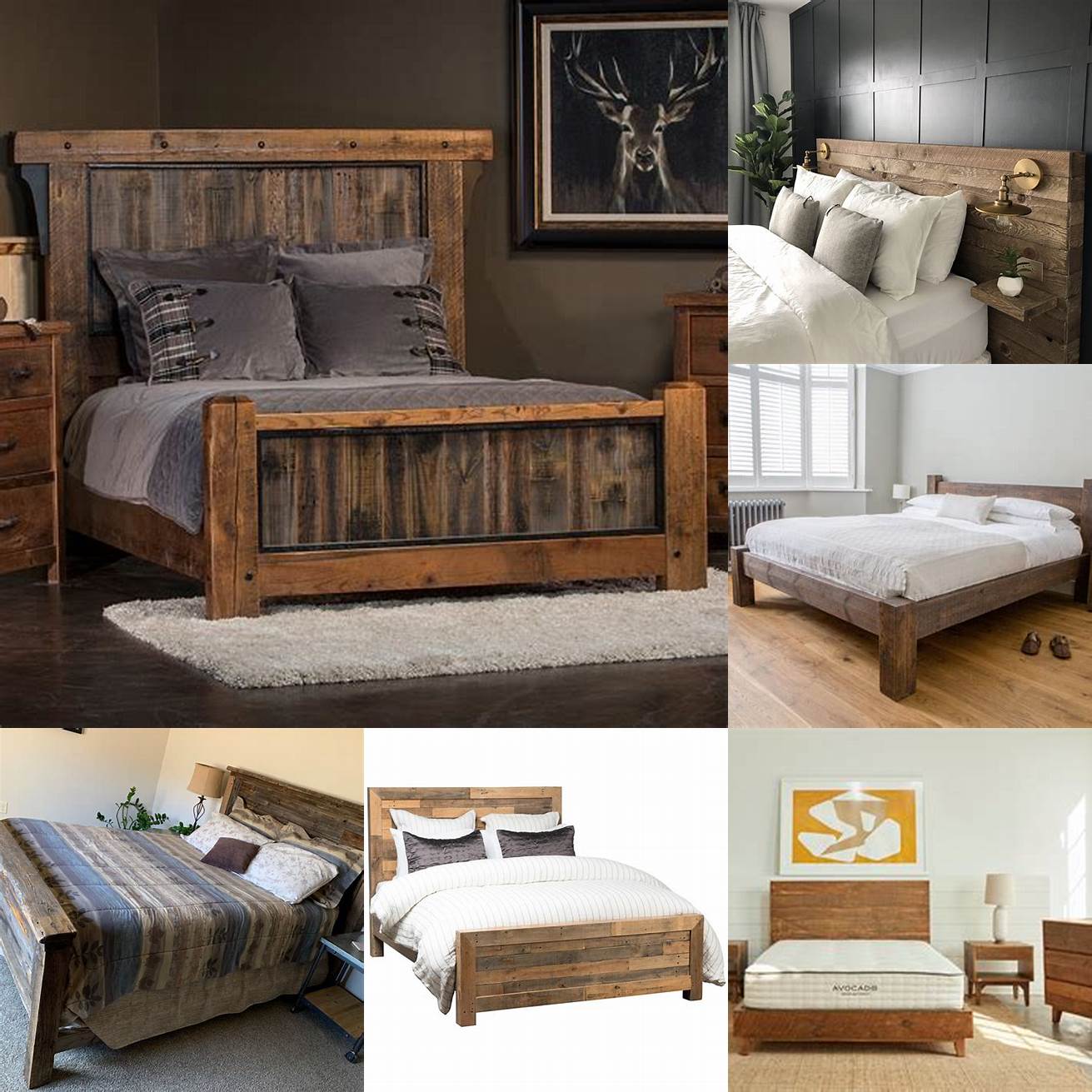 Image of a reclaimed wood bed frame with a neutral-colored bedding