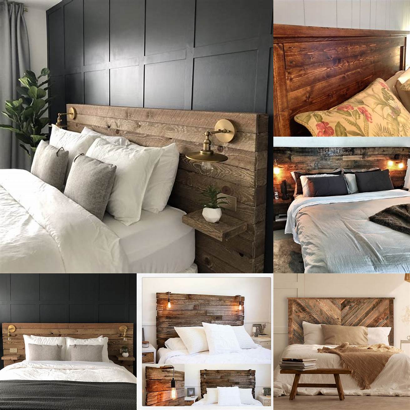 Image of a reclaimed wood bed frame with a statement headboard