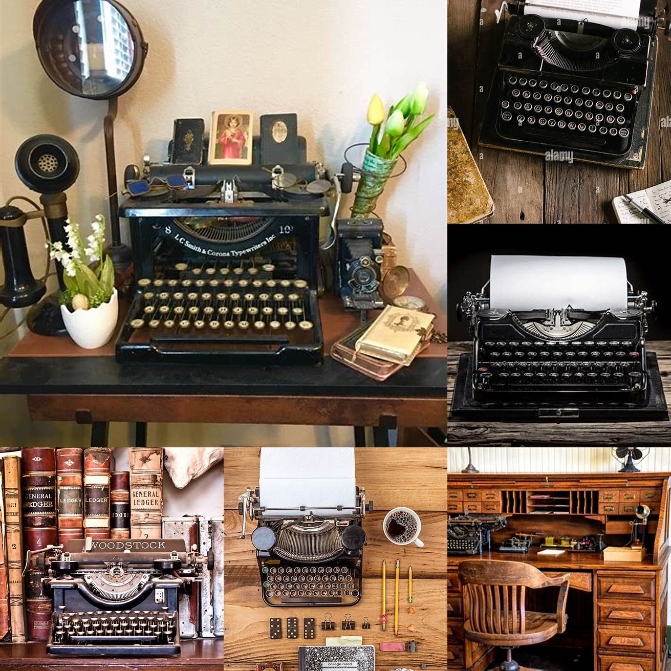 Image of a vintage-style desk with a typewriter and books