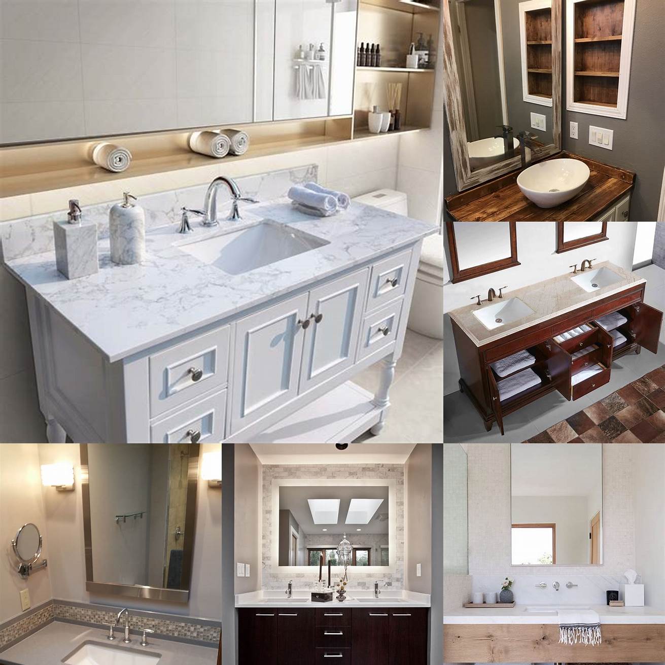 Image of a wood bathroom vanity top with a marble backsplash