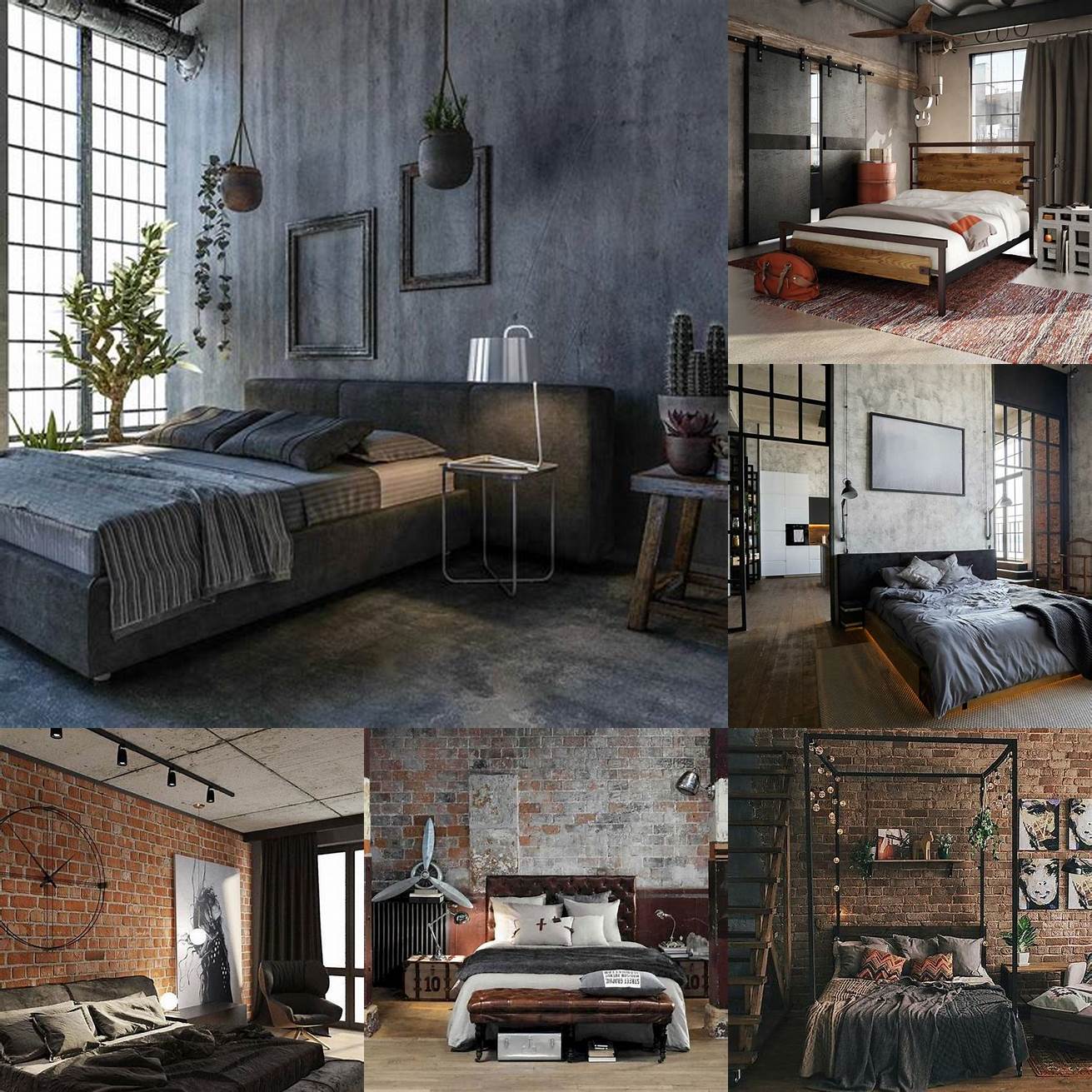 Image of an industrial style bedroom with a metal bed frame and concrete nightstands