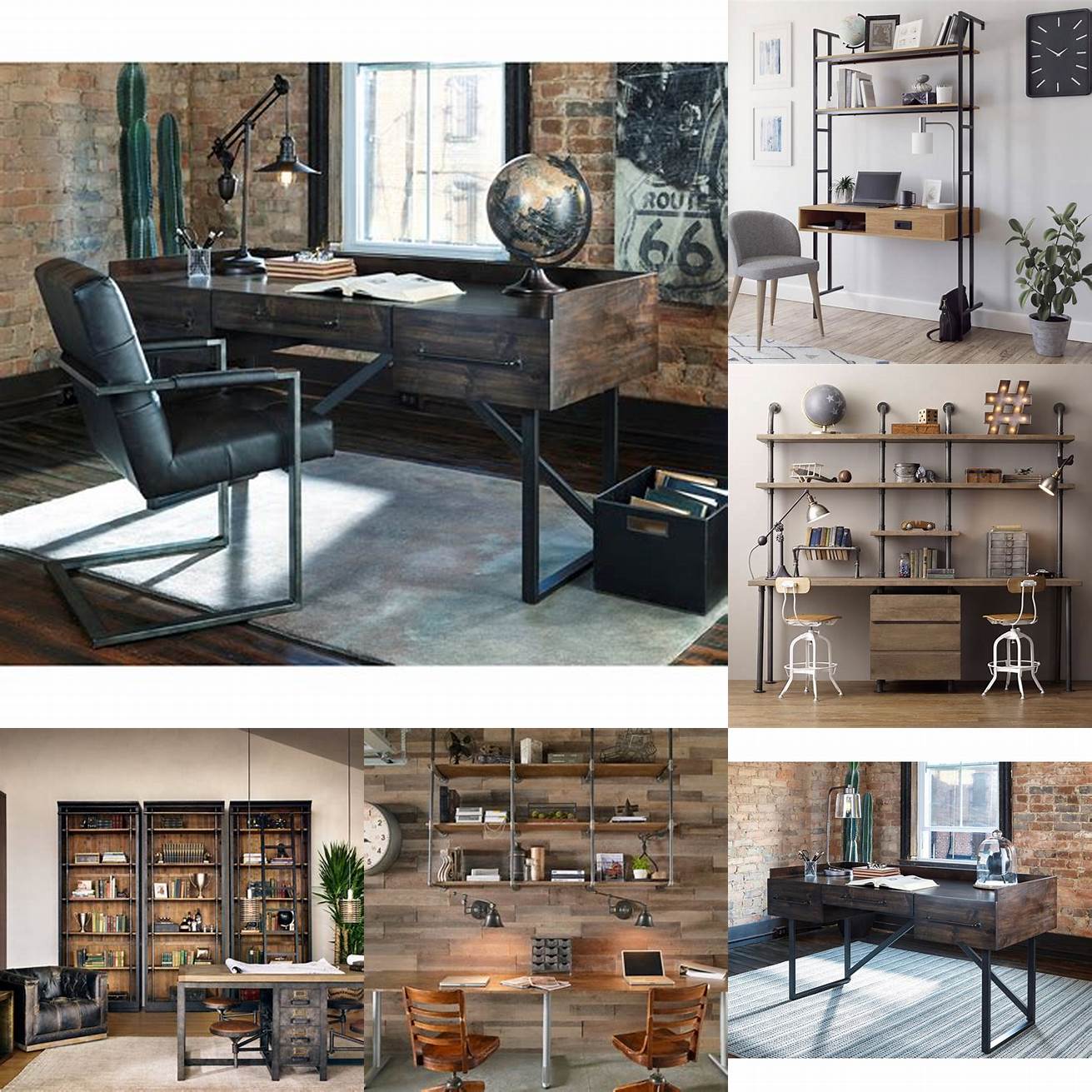 Image of an industrial style home office with a metal desk and shelving unit