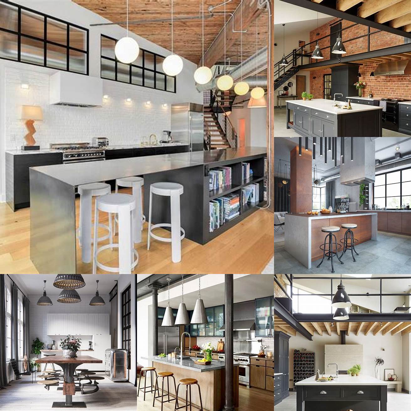 Image of an industrial style kitchen with metal bar stools and an industrial pendant light