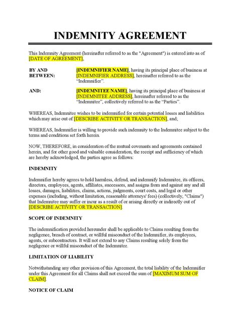Indemnity Form Template