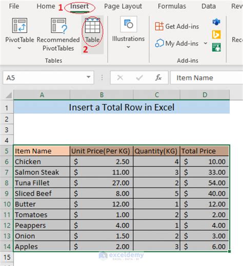 Insert a Total Row in Excel