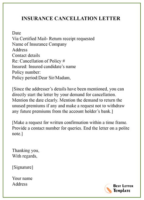Insurance Cancellation Letter Template