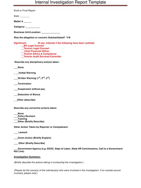 Internal Investigation Report Template