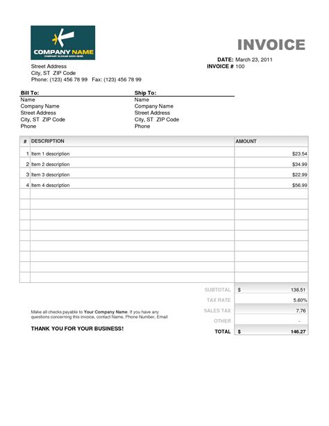 Invoice Template Xls Free Download
