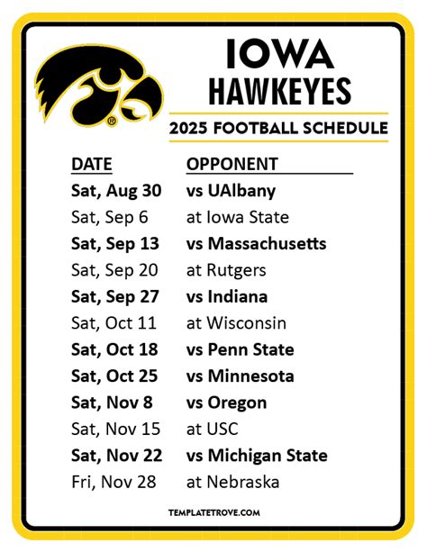 Iowa Football Printable Schedule