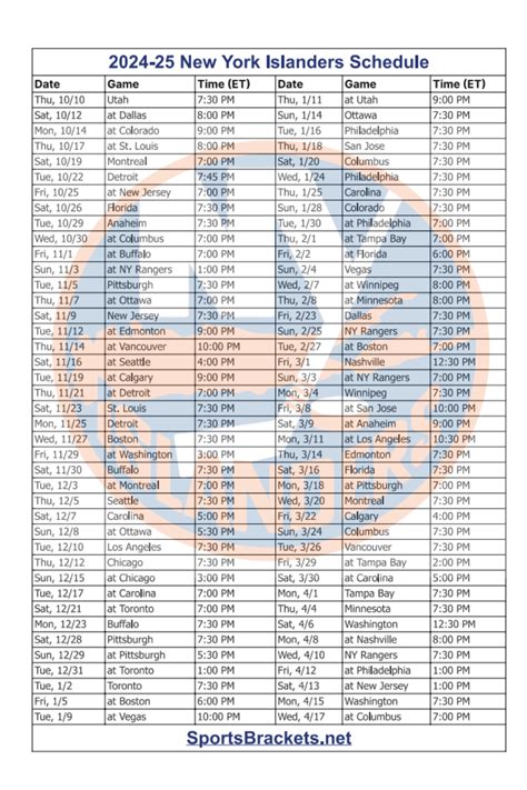 Islanders Printable Schedule