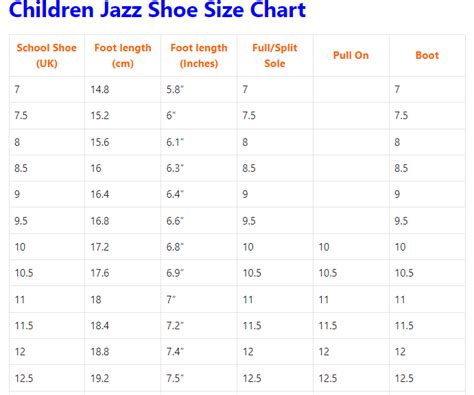 Jazz Shoes Size Chart
