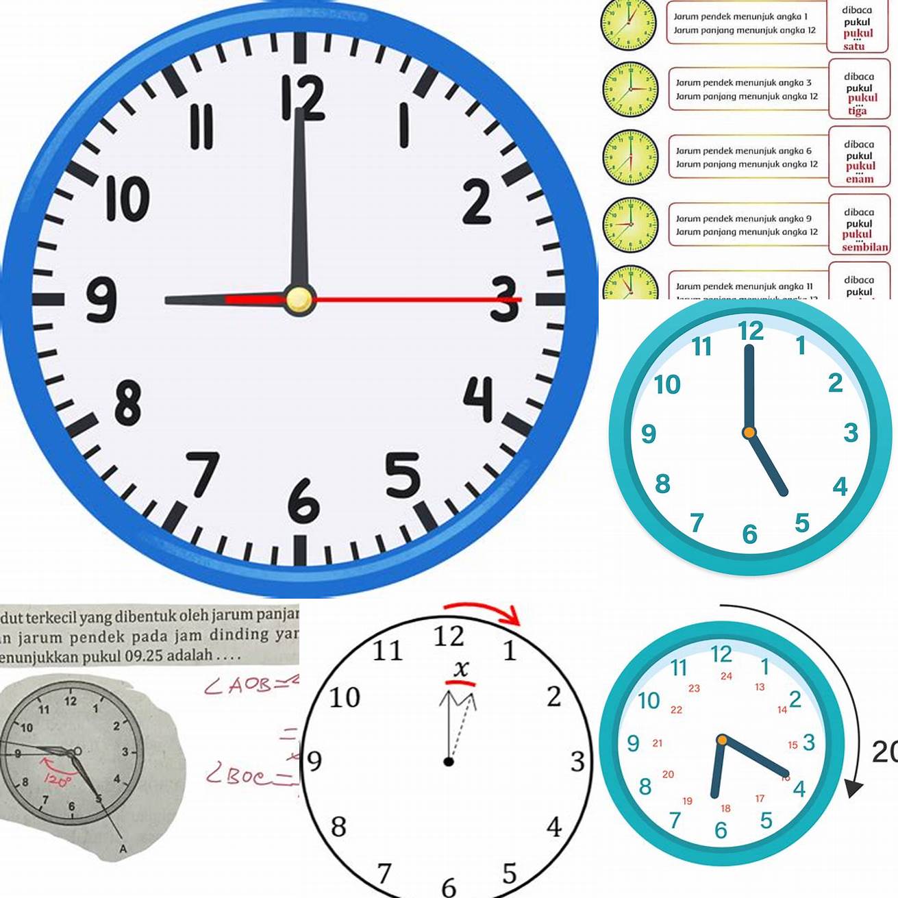 Jika jarum jam yang lebih pendek menunjukkan angka 12 dan jarum jam yang lebih panjang menunjukkan angka 3