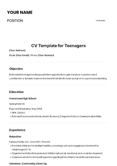 Job Application Template For Teens