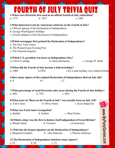 July 4th Trivia Questions And Answers Printable Free