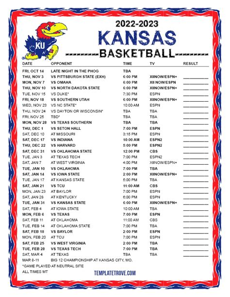 Kansas University Basketball Schedule Printable