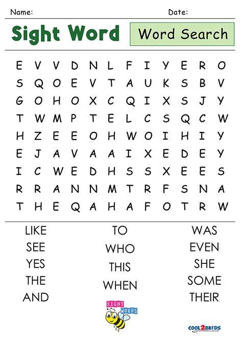 Kindergarten Word Search Printable Free