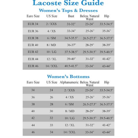 Lacoste Ladies Size Chart