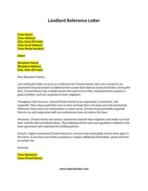 Landlord Tenant Reference Letter Template