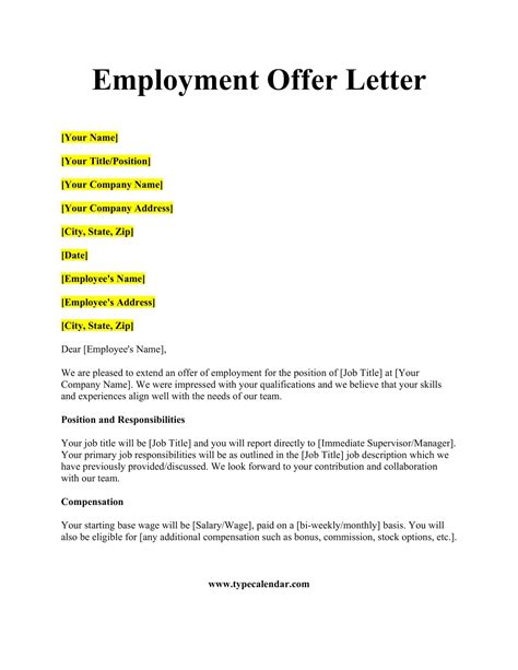 Letter Of Employment Offer Template