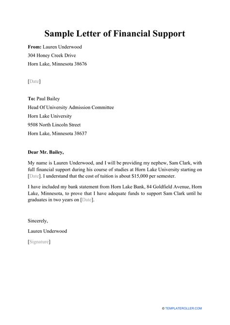 Letter Of Financial Support Template