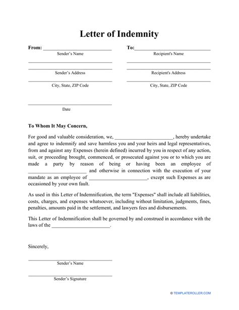Letter Of Indemnity Template