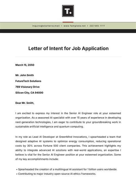 Letter Of Intent For Job Application Template