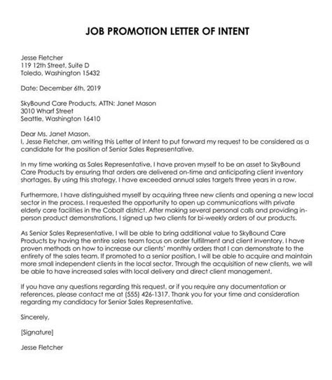 Letter Of Intent For Job Promotion Template