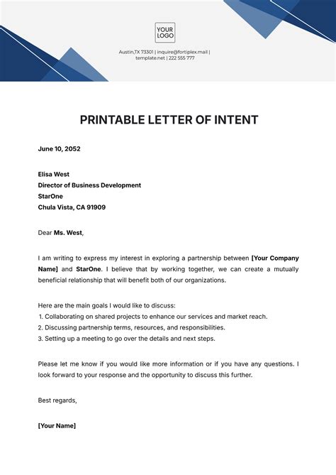 Letter Of Intent Free Template