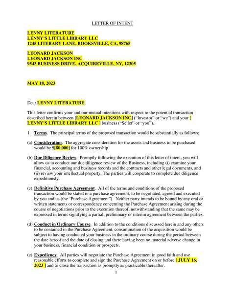 Letter Of Intent Loi Template