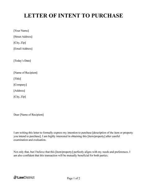 Letter Of Intent Purchase Template