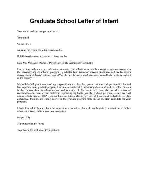 Letter Of Intent Template Graduate School