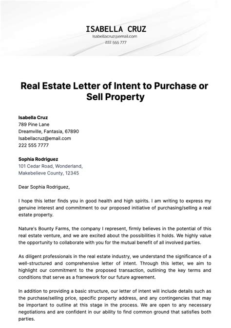 Letter Of Intent To Purchase Real Estate Template