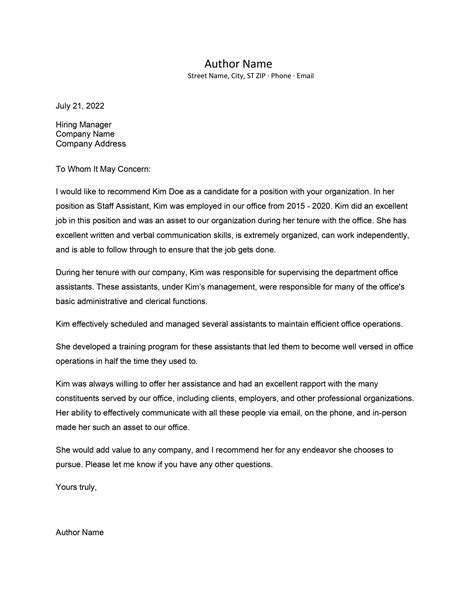 Letter Of Professional Reference Template