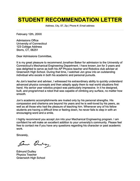Letter Of Recommendation Template Student