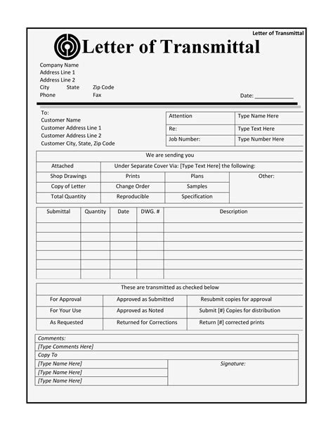 Letter Of Transmittal Form Template