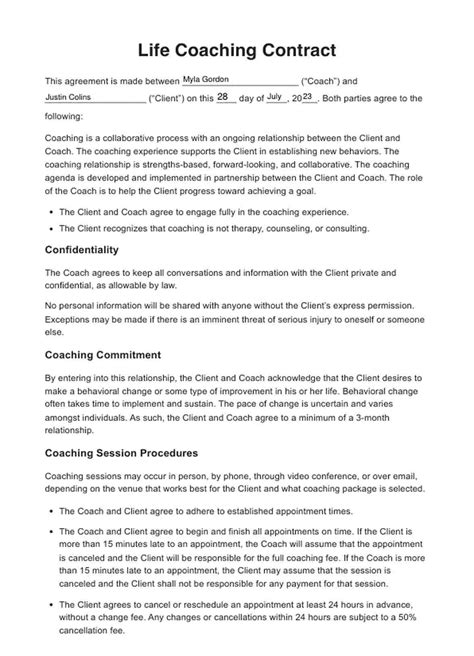 Life Coaching Contract Template Free