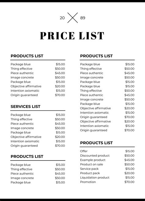 List Of Prices Template