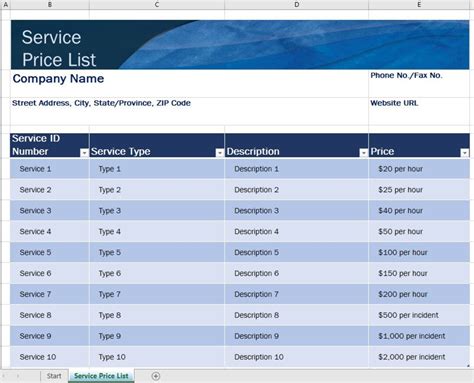 List Of Services Template
