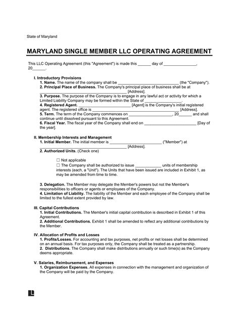 Llc Operating Agreement Template Maryland