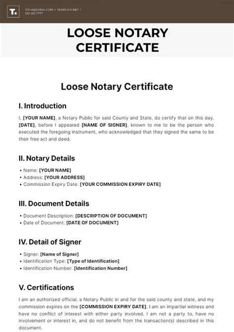 Loose Notary Certificate Template