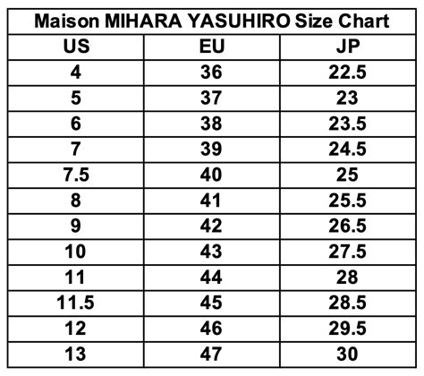Maison Mihara Shoes Size Chart