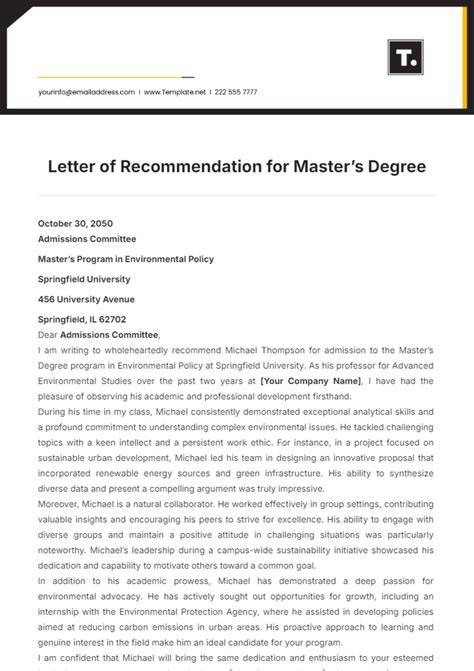 Masters Letter Of Recommendation Template