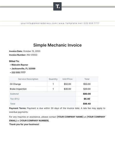 Mechanic Invoice Template Free