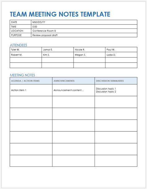 Meeting Notes Template Free