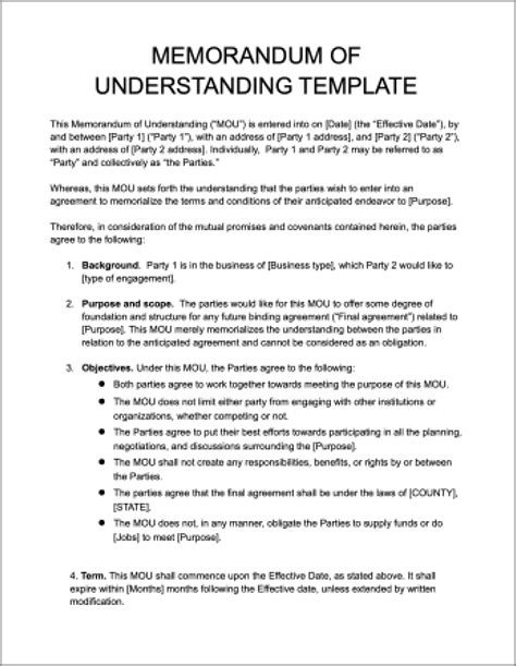 Memo Of Understanding Sample Template