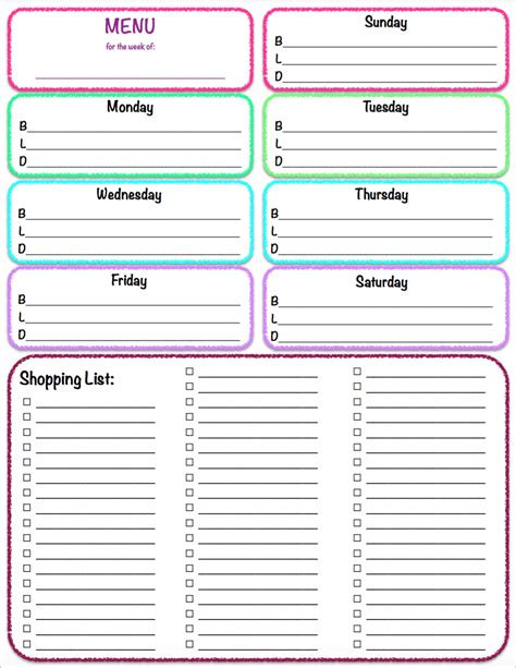 Menu And Grocery List Template