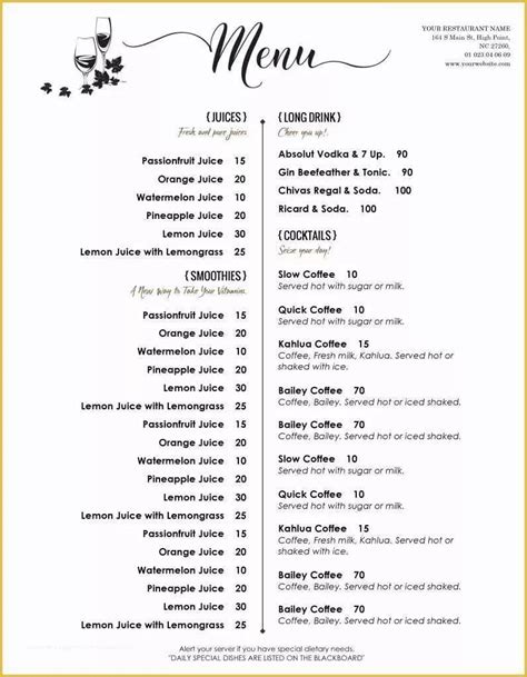 Menu Template For Google Docs